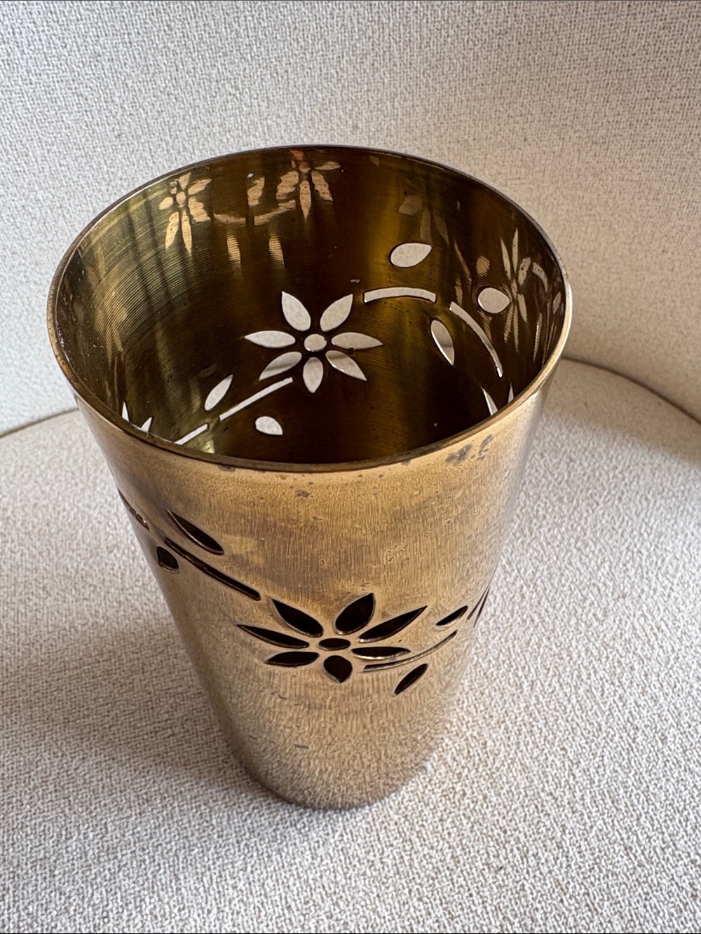 VTG Brass Floral Cutout Cylinder Vase Sleeve - Retro